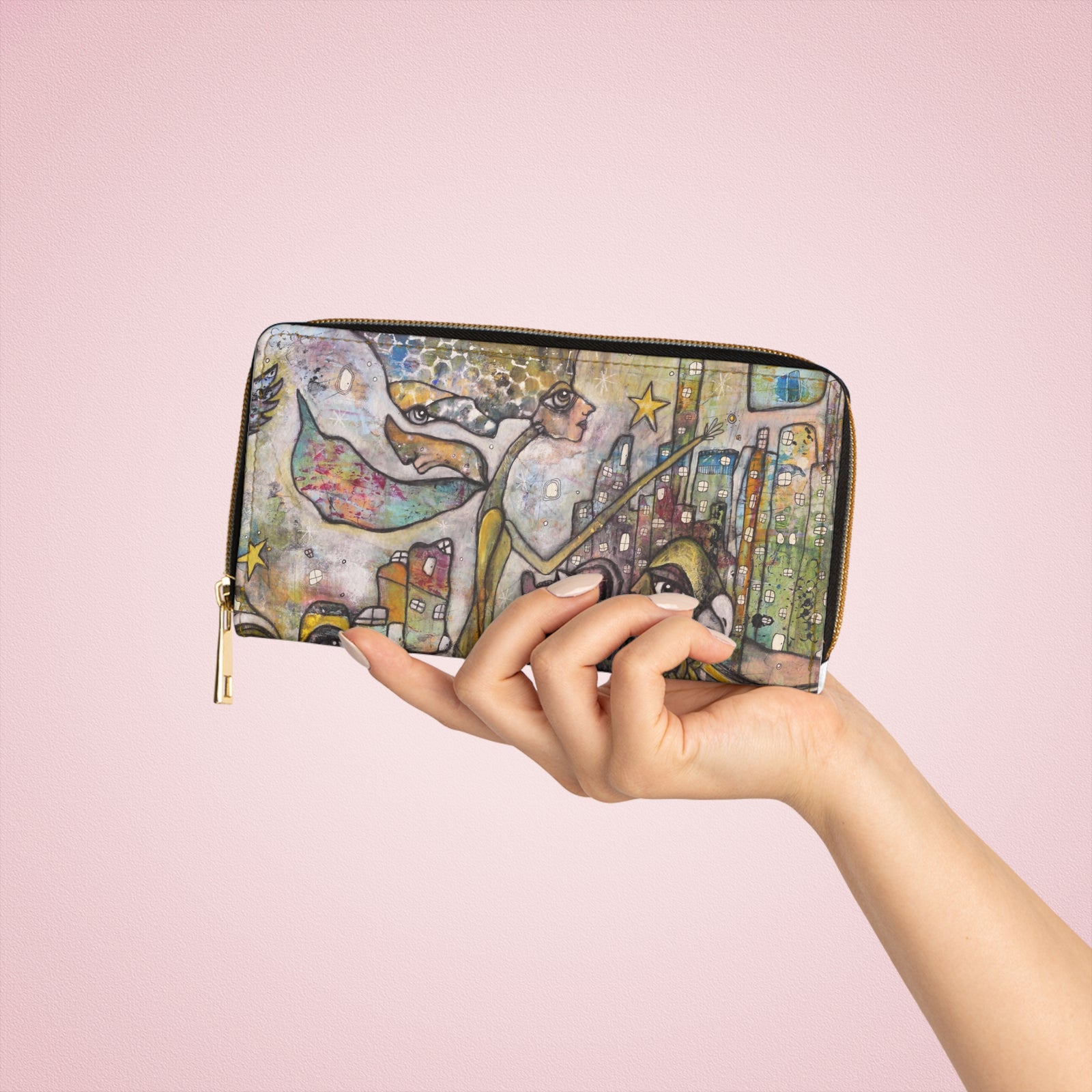 Original Art on Zipper Wallet Intuitive Mixed Media Artwork "City Creatures"