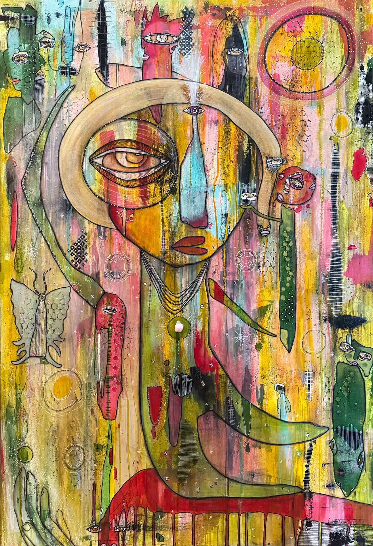 Fine Art on canvas "HI' AKA' with Selenite, Obsidian and Rose Quartz Crystal