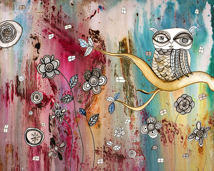 Handmade Wood Block Artist Print &#39;Surreal Owl I&#39;