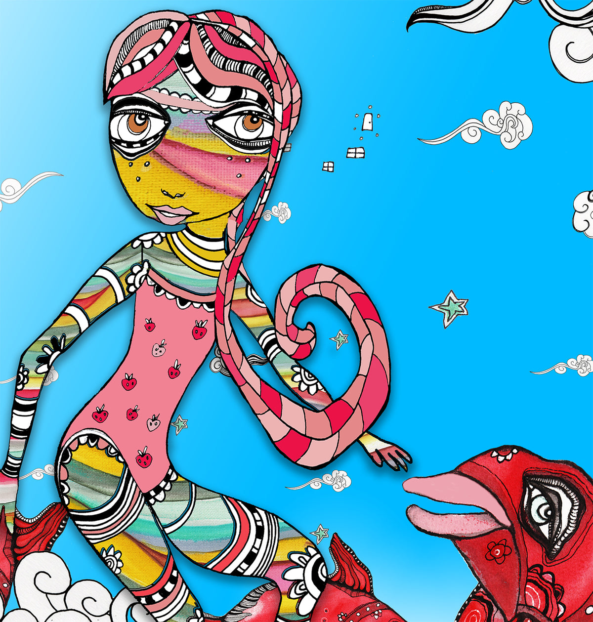 Whimsical Wood Slat Tapestry &quot;Surf on a Cinnamon Stick&quot;