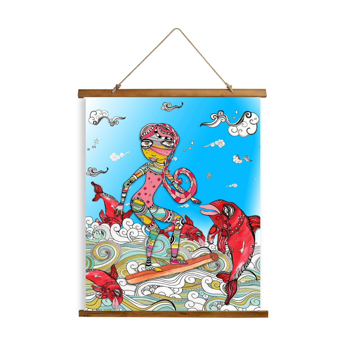Whimsical Wood Slat Tapestry &quot;Surf on a Cinnamon Stick&quot;
