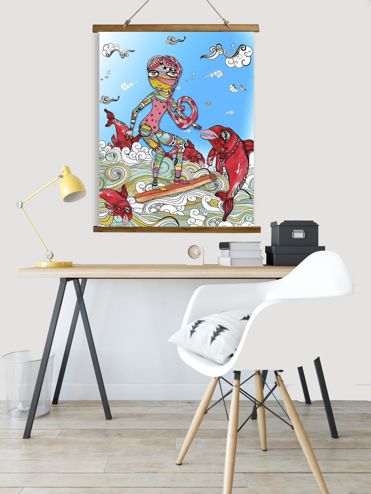 Whimsical Wood Slat Tapestry &quot;Surf on a Cinnamon Stick&quot;